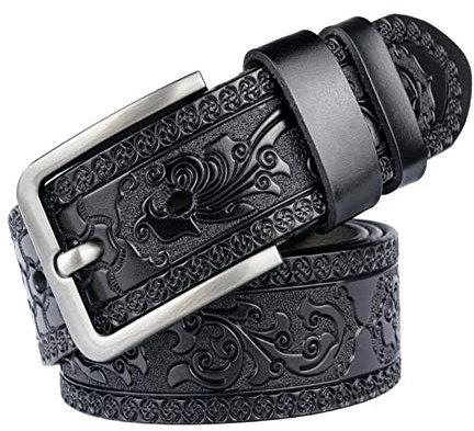Ceinture en cuir avec boucle ardillon, motif floral, pour homme, noir , Noir , 125 cm