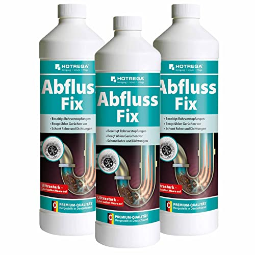 HOTREGA Abfluss Fix 3x 1 Liter Konzentrat | Rohrreiniger gegen Haare, Fett & Verstopfungen | Geruchlos, schnelle Wirkung | Für Küche, Dusche, WC & Bad