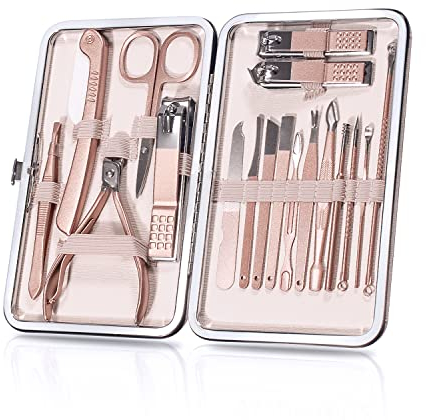Owill Set per manicure, 18 tagliaunghie kit per pedicure con custodia in pelle PU, kit per la cura delle unghie, strumenti professionali regalo per donne, mogli, fidanzate, genitori (oro rosa)