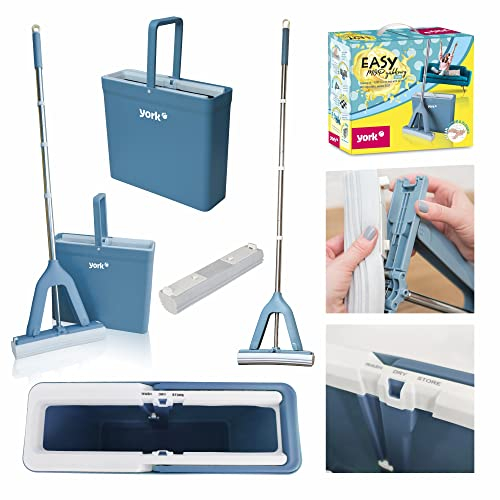 YORK Wischmopp Bodenwischer Easy mit Saugstarker PVA Schwamm - 34cm Bodenwischen ohne nasse, dreckige Hände Wischmopp Set mit Eimer, Teleskopstiel 130cm, Blau, 34x12,5x29,5cm