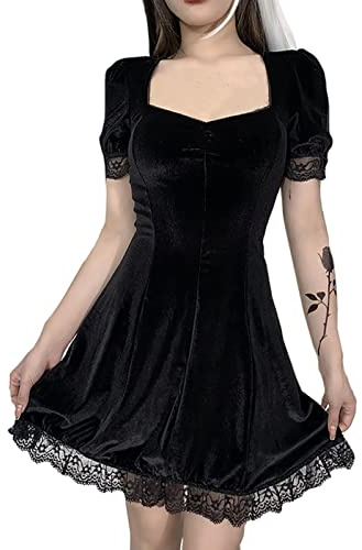 DINGJIUYAN Gothic Velvet Mini Dress Lolita Clothes Elegant Party Dress | Velvet Lace Ruffled, Square V Neck, Short Sleeves, Floral, Party, Punk, Gothic Velvet Streetwear Outfit