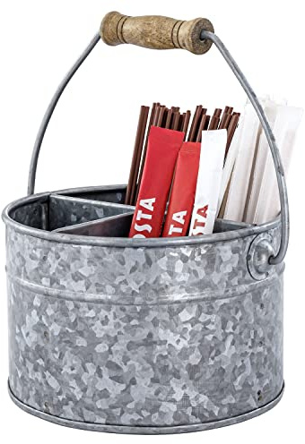 MyGift 6 inch Rustic Galvanized Round Bucket Tea and Coffee Condiment Organizer Caddy, 4 Compartments - Handmade in India