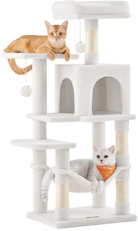 Feandrea Cat Tree Tower, 112 cm Multi-Level Plush Cat Condo | With 4 Scratching Posts, 2 Perches, Cave, Hammock, Pompoms, Cream White, CLAWFY Collection PCT261T01