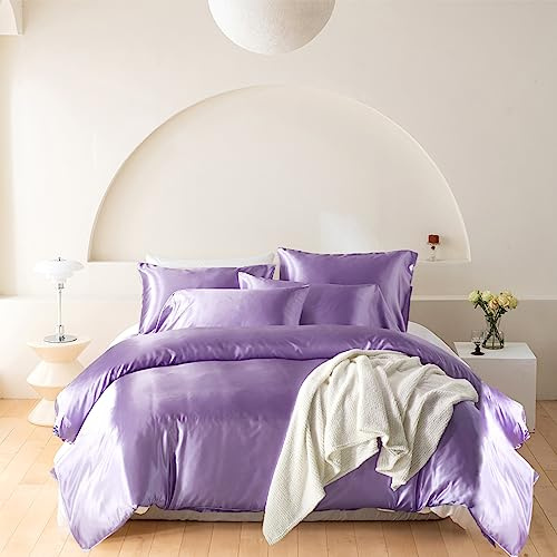 Wotcsil Ensemble de Housse de Couette Satin de Soie 220x240 Lilas Literie Satin Parure de Lit Unie Ensembles de Literie Linge de Lit en Satin Luxe Unie Polyester Satiné Brillant