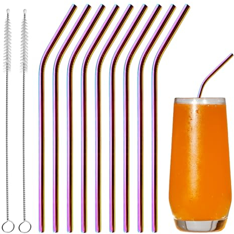 FINEASY 10Der Set Strohhalme mit 2 Reinigungsbürste,Metall Strohhalme Wiederverwendbar,Spülmaschinenfest Trinkhalme Edelstahl Wiederverwendbare Strohhalme für Cocktail Saft Getränke (Gebogene)