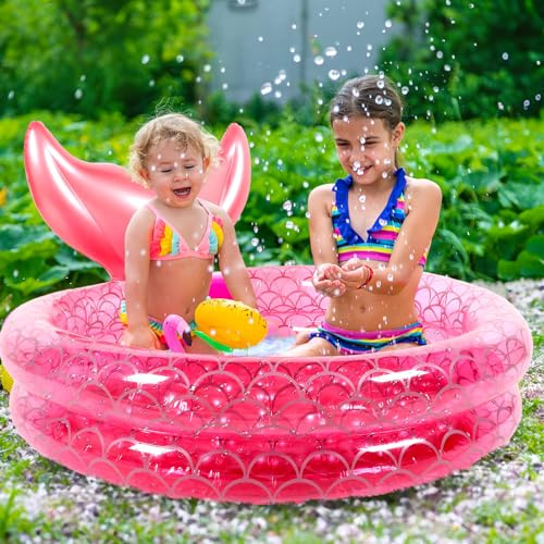 PullCrease 47 Inflatable Mermaid Pool Backyard Round Swimming Pool for Boys Girls, Ball Raft Paddling 2 Ring Blow up Paddling Pit Pink Pool Bubble Bottom for Summer Indoor Outdoor Beach Float Toy