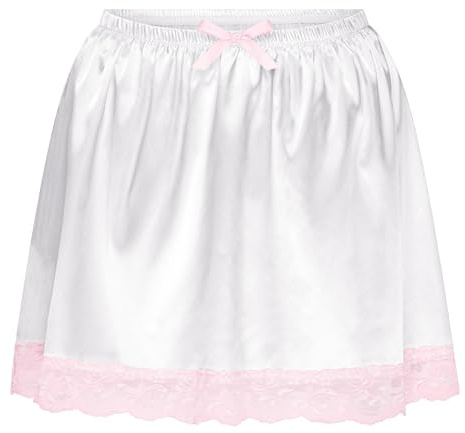 Satini Falda Sissy Dolly Raso y Encaje | Caída Suave, Ribete Floral, Corte de Vuelo Línea A, Cintura Elástica con Lazo, Tallas S-XXL