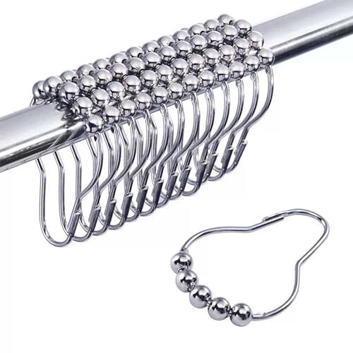 12x Duschringe Duschvorhangringe Haken Edelstahl, Ringe Duschvorhang Silber, Mit Kugel-Gleitsystem, Duschvorhang Haken Edelstahl Oval, Duschvorhang Haken Zum Einhängen, Duschvorhangringe Rostfrei