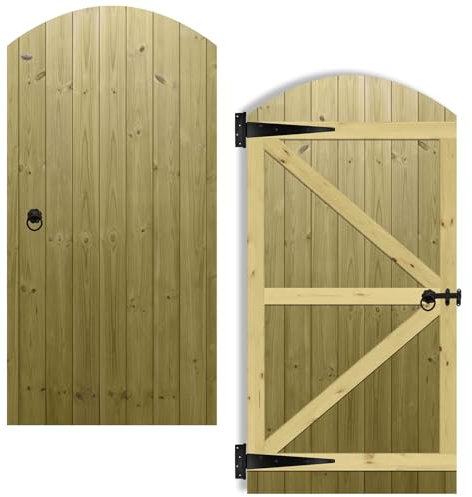 Arch Top Wooden Garden Gate 6x3ft - Tongue & Groove Fully Framed Treated Timber Door + Ring Latch Hinge Pack, H:6ft x W:3ft Ideal for Outdoor Pathway Home Access (High: 180cm x Wide: 90cm)