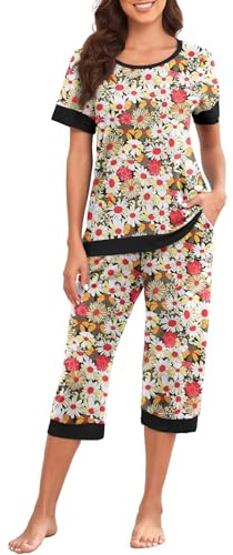 PrinStory Pyjamas för kvinnor kortärmad dampyjamas-set, lätta pyjamasöverdelar och capribyxor, nattkläder, pyjamas-set med fickor, Svart tusensköna, L