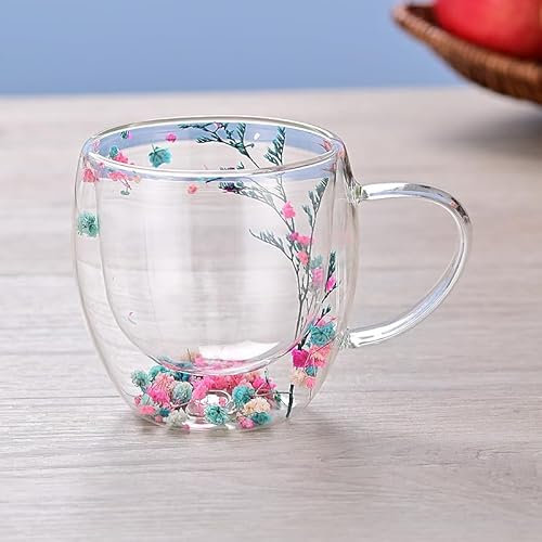 xamlyrek Double Walled Glass Coffee Cups, Dried Flowers Coffee Mugs, 250ml Glass Cups for Coffee Tea Milk Hot Chocolate Juice Ice Cream Birthday Gifts for Women Friends Teacher Mum Wife
