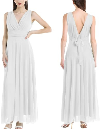 VALORIALUXE Abito Lungo da Cerimonia Donna in Tulle Elasticizzato con Scollo a V – Made in Italy (IT, Testo, L, Regular, Regular, Bianco)