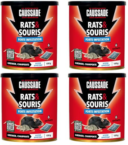 Caussade Anti Rats & Souris - Forte Infestation - Lieux Secs - 24 Sachets Céréales - Prêt à l'emploi - Une Ingestion Suffit - 4x150g CARSC150NX4