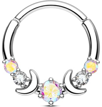 CM Crareesi Mania Moon Phase Septum Daith Helix Piercing Jewellery 316L Stainless Steel Septum Ring Silver Daith Helix Earrings Hoop with Clear AB Crystal for Women Men
