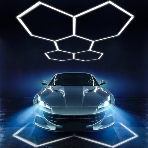 ALLYES Luce LED Esagonale per Garage, 5 Confezioni di Luci LED Esagonali, 144W 17280LM 6500K Bianco Super Luminoso, Luce da Soffitto per Dettagli Auto per Officina, Magazzino, Seminterrato, Palestra