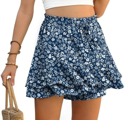 PrinStory Short d'été pour femme - Taille haute - Volants - Pantalon court pour loisirs - Jambes larges - Jupe courte - Plage - Vacances