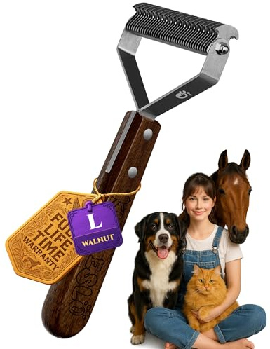 Large Dual-Sided Dogs and Cats Brush for Shedding, Unique Blade Designed Deshedding Dog Brush for Long & Short Haired Dogs, Safe&Pro Shedding Tools, Undercoat Rake for All Coats, Premium Walnut Handle