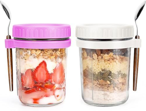 Gilen Overnight Oats Jars with Lids and Spoon, Overnight Oats Container, 10 Oz Glass Porridge Container to Go for Chia, Pudding, Milk, Cereal, Fruit, Yogurt, Salad, Cereal Meal Prep Jars(Purple+White)