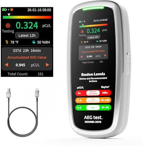 HOUND-2070 Radon Detector for Home, Tempertaure & Humidity Display, 504 Days Data Storage for Long-Term Monitoring, Rechargeable, 3-in-1 Portable Radon Tester for Basement, pCi/L or Bq/m³