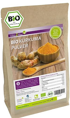 Vita2You Kurkuma Pulver Bio 750g - höchste 3-5% Curcumin - Rohkost-Qualität - natürliches Kurkumin - Kurkumapulver - Curcuma gemahlen - Laborgeprüft - Premium Qualität