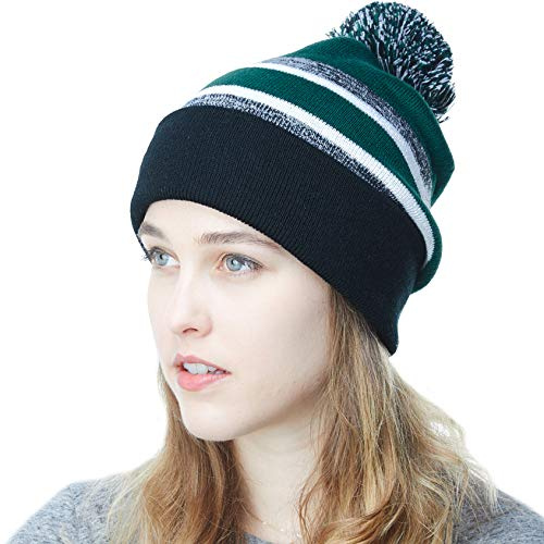 Winter Knit Beanie Hat with Pom Pom – Warm Cuffed Slouch Ski Cap for Men & Women(Black and D.Green with Pom)