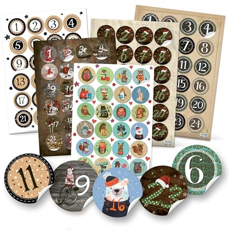 Chiffres adhésifs calendrier de l’avent 1 à 24, lot de 120 pièces: Autocollants pour décoration DIY Noël, étiquette numéro pour pochette, boîte, bocal ou cadeau, Ø 4 cm
