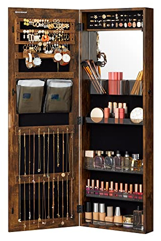 SONGMICS Jewelry Cabinet Armoire, Wall or Door Mount Storage Organizer with Full-Length Mirror, Lockable Cabinet with Built-in Small Mirror, Shelves, Gift Idea, Rustic Brown UJJC003X01