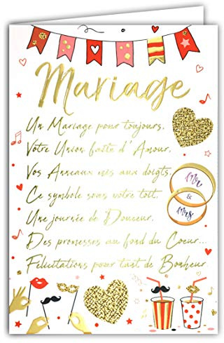 69-3046 Carte FÉLICITATIONS MARIAGE grand texte mots en dorure OR doré qui brille Alliances Cœurs Guirlande ; Livrée avec enveloppe ; Format Carte fermée 11,5x17cm ; Fabriqué en France