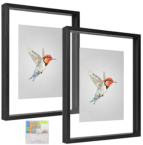 MUYE 11x14 Floating Frames Set of 2,Double Glass Picture Frame Display Any Size Photo up to 11x14,Wall Mount or Tabletop Standing,Black