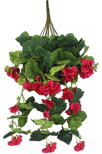 FAICOIA Künstliche hängende Blume Geranie Korb Kunstblumen Geranie hängende künstliche Rebe Seide Geranie Blumen Rot Teardrop Blume Swag für Wand Terrasse Rasen Garten Hochzeit Indoor Outdoor Decor