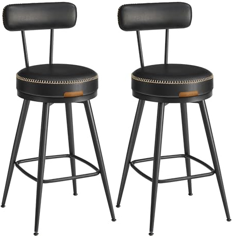 VASAGLE EKHO Collezione - Sgabelli Cucina Girevoli a 360° Set da 2, Sgabelli da Bar con Schienali, Rivestimento con Cucitura, Moderno di Metà Secolo, Altezza 65 cm, Nero Inchiostro LBC089B01