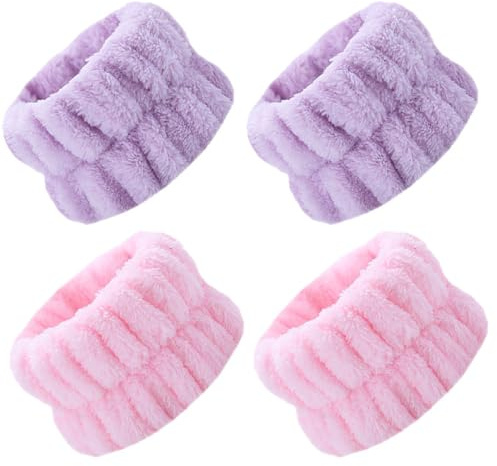 BYXG Maquillage Femme, Manchon, Bracelets de Toilette en Polaire Corail pour Le Lavage du Visage, Bandes de Poignet Faciales Absorbantes d'eau pour Maquillage de Yoga Sports Douche, 4 pièce