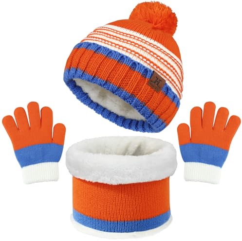 AYPOW 3 en 1 Ensemble Bonnet Echarpe Gants Hiver pour enfants de 4 à 8 ans, Ensembles de Accessoires d'hiver Tricotés Bonnet Tour de Cou Chaud Doublés de Polaire épaisse pour Enfants Garçons Filles