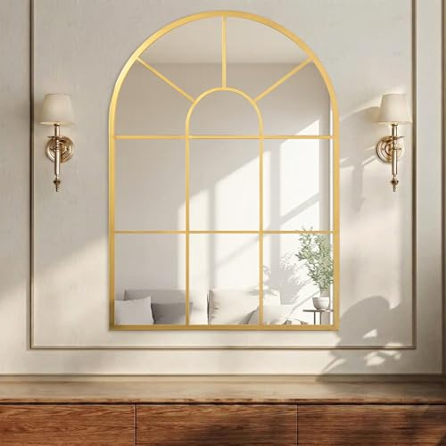 HOMCOM Modern Arched Wall Mirror, 91 x 60 cm Window Mirrors for Living Room, Bedroom, Gold Tone