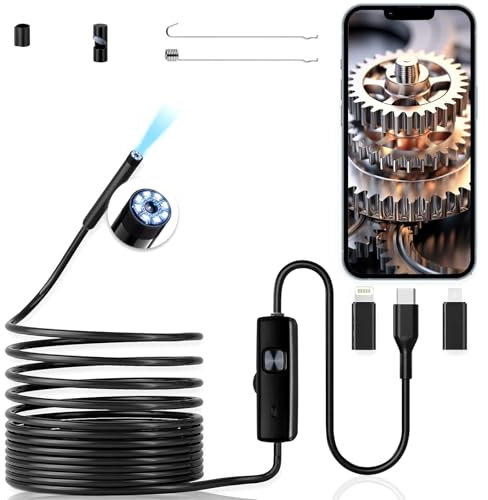 Endoscope Inspection Camera, 1920P Borescope with 8 Adjustable LED Lights, 16.5ft Semi-Rigid Cable Snake Camera, IP67 Waterproof Car Endoscope for Android and iOS Smartphone, iPhone, iPad, Samsung