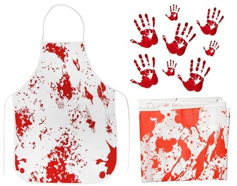 Cabilock 3Pcs Halloween Bloody Handprint Tablecloth and Apron Set Horror Decorations for Haunted House Party Spooky Table Cover and Bloody Sticker for Creepy Atmosphere