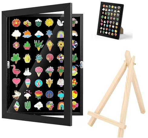 Pin Display Case - Badge Collection Display Frame - 20×15×5cm Shadow Box Enamel Pin Organizer, Acrylic Clear Window Medal Case with Stand for Collecting Pins Badges Medals Jewelries Earrings, Black