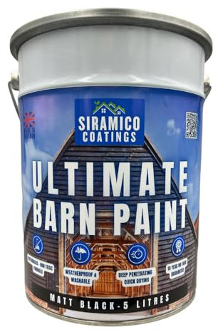 Siramico Coatings One Coat Ultimate Barn Acrylic Paint - Matt Black - 5 Litres - 10 Year Guarantee