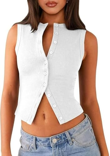 Sukiglam Camiseta sin Mangas Mujer Verano Crop Chaleco Top Sexy Cuello V/Alto Camisetas Y2k Elástica Costilla de Punto Tank Top Botón Delantero Corto Camisola Shirt Moda Ajustado Blusas Streetwear