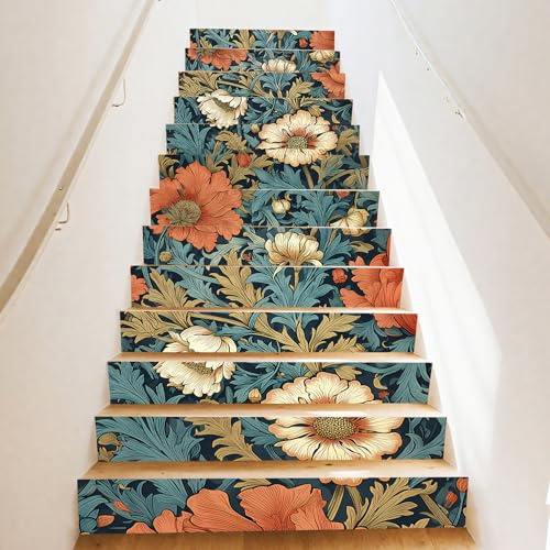 PLIGREAT 15 strisce adesive per scale con motivo floreale vintage, adesivi per scale in stile retrò, decorazione per gradini, 18 x 100 cm, decalcomanie autoadesive per scale, decorazione per casa e
