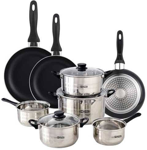 Well Home Set de batterie de cuisine de 8 pièces en acier inoxydable + 3 poêles Ø16Ø20Ø24cm Noir en aluminium pressé