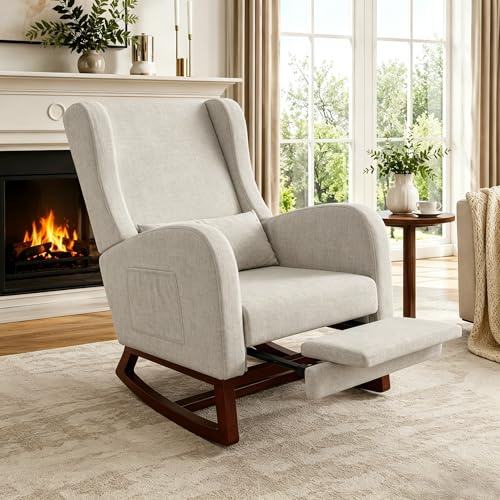 HYNHXBP Silla Mecedora con reposabrazos y Bolsillos Laterales, Patas de Madera Maciza, Silla de relajación para Lactancia, Adecuada para Sala de Estar y Dormitorio, con cojín Acolchado (Gris)