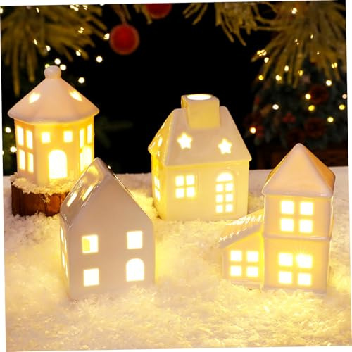 Casas de pueblo de Navidad 4 piezas/set Light Up Farmhouse de cerámica Village de Navidad para centros de mesa de Decoración para el hogar de vacaciones | Estatuas