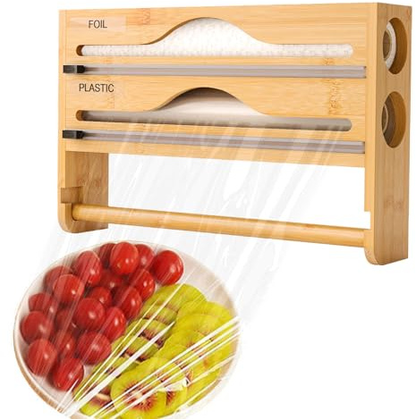 3-in-1 Bambus Küchen Folienspender – Wandrollenhalter für Frischhaltefolie, Alufolie & Küchenrolle mit Schubladen & Folienschneider – Organizer Küche, Platzsparend & Modern (35,2 × 21,2 × 7 cm)