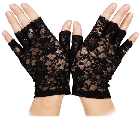 Yuannee Gants Courts en Dentelle,Gant Noir Dentelle Gants D'opéra Vintage pour Femm Costume Punk Gothique Accessoires de Costume pour Dîner Fête Thé Bal de Fin D'année Halloween Accessoire de Costume