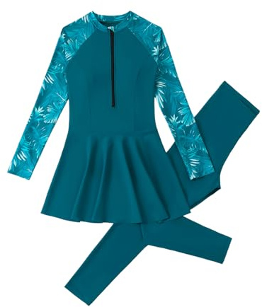 Muslim Swimsuit for Women Two Pieces Modest Swimwear Full Length Tropical Print Long Sleeve Swim Top with Pants Tankini Set Bathing Suit Dark Green L