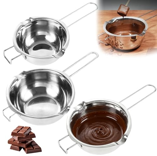 LDHHYH Set di 3 ciotole per fondere a bagnomaria (400 ml, 600 ml, 1000 ml), in acciaio inox 304, per sciogliere cioccolato, cottura e cera, argento