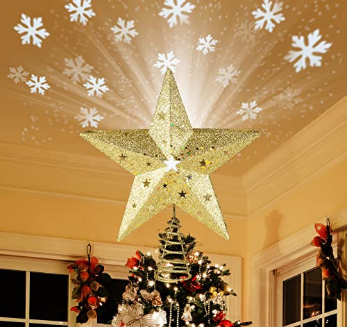 ilauke Étoile de Sapin de Noël LED Avec Projecteur Rotatif 3D - Lampe Topper d'Arbre Lumineuse - Projecteur de Flocon de Neige