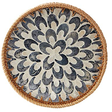 Round Rattan Tray with Mother of Pearl Inlay, Rattan Serving Tray with Wooden Base, Decorative Wicker Basket for Table Decor, Storage and Display of Coffee Bread Food Fruit (Plume)
