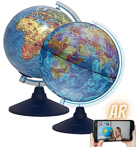 Exerz 21cm Leuchtglobus - Englische Karte, physische Karte (Tag), Consellation (Nacht), Augmented Reality App iOS – beleuchteter Globus